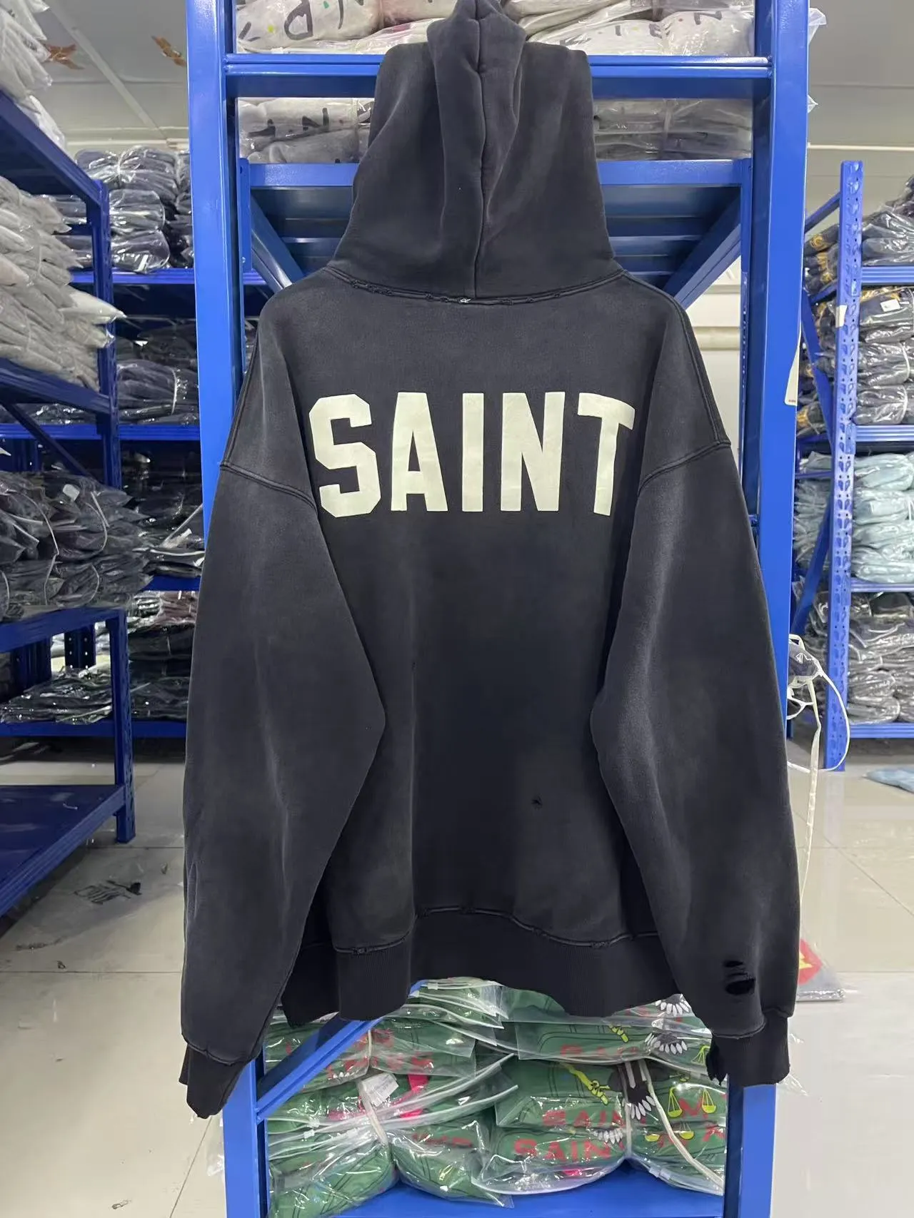 In stock ST1015 style washed black P280 SAINT Michael 25ss ‘Ber Ber Jin’ l joint letter print washed distressed hoodie sweatshirt size S-M-L-XL